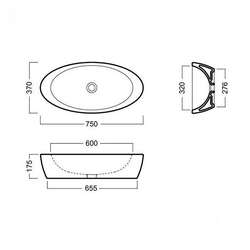 Раковина накладная на столешницу, овальная 75х37хh17,5мм, без отв. для смесителя и перелива,  ZZ Hatria Nido Y0R201