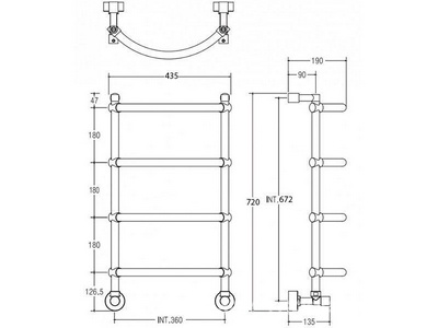 Полотенцесушитель 405(435)хh720х190мм, подвод воды int.360мм, (цв.золото), краны, крепёж в компл., (ГВС, 6 bar) Margaroli 432  ZZ Margaroli Luna 432-405x707,5-360/4M Gold