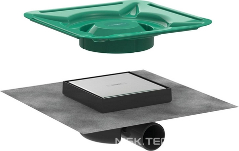 Трап для душа, выпуск гориз.50мм, min h устан.78мм, для облиц.плиткой,(пластик,решетка нерж.сталь Brushed Stainless Steel,150х150мм), ZZ Hansgrohe RainDrain Spot 56112800