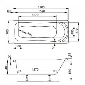 Ванна прямоугольная 170x70xh45см, без панели и каркаса, (акрил цв.белый), Penelope ZZ Vagnerplast penelope VPBA177PEN2E-04