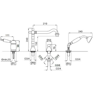Смеситель для ванны, встраиваемый в борт, на 4 отв., лейка, шланг, встр.часть в компл., (цв.бронза, ручка пластик цв.белый),  ZZ Migliore Oxford 19086