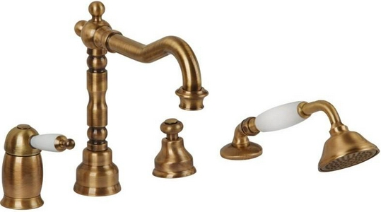 Смеситель для ванны, встраиваемый в борт, на 4 отв., лейка, шланг, встр.часть в компл., (цв.бронза, ручка пластик цв.белый),  ZZ Migliore Oxford 19086