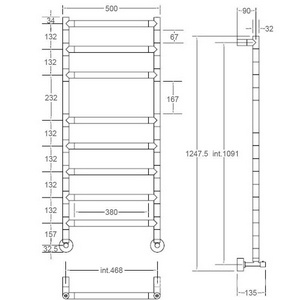Полотенцесушитель 530(500)хh1215х135мм, подвод воды int.468мм, (цв.хром), краны, крепёж в компл., (ГВС) Margaroli  ZZ Margaroli Sereno 4-484/8-500x1215,5-468/8M CR