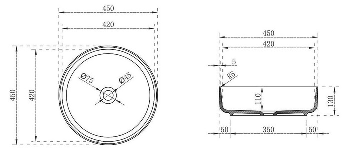 Раковина накладная 450х450х130мм, без отверстия для смесителя, без перелива, (полиэфирная смола цв.черный глянец), Vincea ZZ Vincea Раковины VBS-6T16B