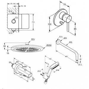 Комплект встраиваемого смесителя для ванны/душа (смеситель с внешней и встраив.частью, лейка, шланг, верхний душ с кронштейном, излив), цв.хром Kludi BOZZ 386310576