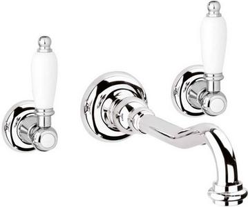 Смеситель для раковины, встраиваемый в стену, излив 215мм, (цв.хром, ручки пластик цв.белый),  ZZ Cezares Retro FIRST-BLS1-01-Bi