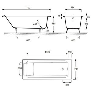 Ванна чугунную   БЕЗ АНТИСКОЛЬЗЯЩЕГО ПОКРЫТИЯ /170x70/, безотверстий для ручек  ZZ Jacob Delafon Parallel E2947-S-00