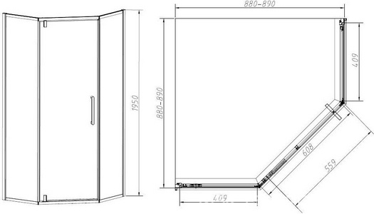 Душевой уголок 900х900хh1950мм, 5-ти угольн, распаш.дверь правая/левая, с 2 неподв.сегмент.(ст.прозр.6мм Easy Clean, фурнит.цв.ворон.сталь),  ZZ Vincea Slim-N VSP-4SN900CLGM