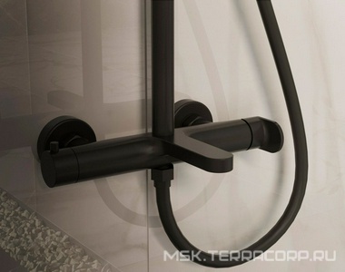 Смеситель для ванны(душа), со стационарным верхн.душем 25см., душевая лейка, шланг в компл., (цв.черный матовый),  ZZ Vincea Rondo VSFS-1R1MB