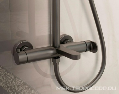 Смеситель для ванны(душа), со стационарным верхн.душем 25см., душевая лейка, шланг в компл., (цв.вороненая сталь),  ZZ Vincea Rondo VSFS-1R1GM