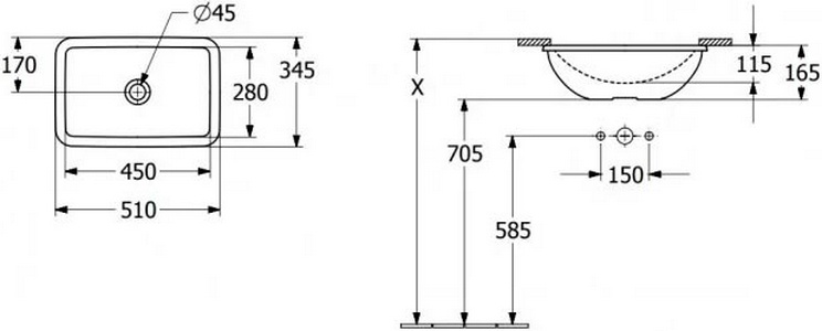 Раковина встраиваемая снизу 450х280хh170мм, без отв.для смесителя, с переливом, крепёж в компл., (цв.R1white),  ZZ Villeroy & Boch Loop & Friends 4A560001