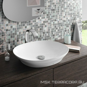 Раковина накладная (полувстр) на столешницу, овальная 600х420хh117(90)мм, без отв.д/смесит, без перелива, с арматурой слива, LinearCeram,CeFiONtect,Ne Toto Neorest L4706E#XW