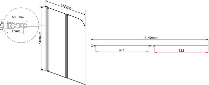 Душевая шторка на ванну, складная, правая /левая, 1140хh1400мм, (профиль цв.вороненая сталь, стекло прозрачное 5мм), Vincea ZZ Vincea Универсал VSB-12114CLGM