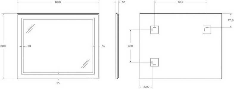 Зеркало в алюминиевой раме 1000x800x32мм, со встроенным светильником и сенсорным выключателем, (рама цв.черный), BelBagno ZZ BelBagno Kraft SPC-KRAFT-1000-800-SENS-NERO