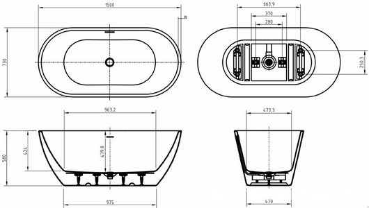 Ванна 1500х730хh580мм, отдельностоящая, интегрированный слив-перелив, донный клапан цв.хром в компл., (акрил цв.белый), Uno ZZ BelBagno UNO BB701-1500-730-K