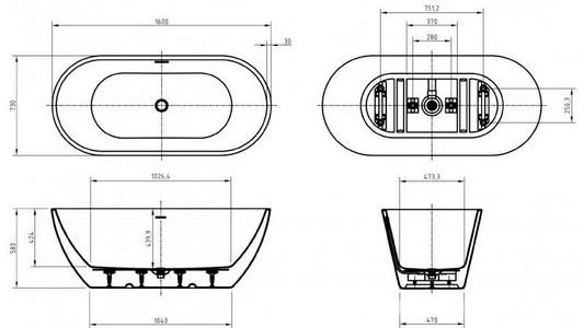 Ванна 1600х730хh580мм, отдельностоящая, интегрированный слив-перелив, донный клапан цв.хром в компл., (акрил цв.белый), Uno ZZ BelBagno UNO BB701-1600-730-K