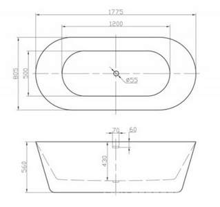 Ванна 1775x805xh580мм, акрил, отдельностоящая, БЕЗ слива-перелива, накладка отверстия перелива цв.хром в комплекте, BelBagno ZZ BelBagno Универсал BB306-1775