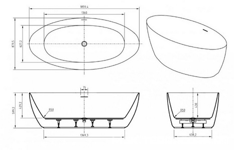 Ванна 1860х880хh600мм, отдельностоящая, интегрированный слив-перелив, донный клапан цв.хром в компл., (акрил цв.белый), BelBagno ZZ BelBagno Универсал BB707-1860-880