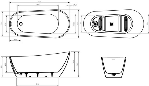 Ванна 1700x800xh720мм, отдельностоящая, интегрированный слив-перелив, донный клапан цв.хром в компл., (акрил цв.белый), BelBagno ZZ BelBagno Универсал BB704-1700-800-K