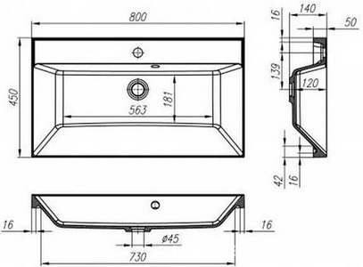Раковина 800х450мм, (искусственный мрамор, цв.черный матовый), с переливом, накладка сливн.отверст.цв.белый в компл., без сифона, BelBagno ZZ BelBagno Универсал BB800/450-LV-ART-AST-NERO