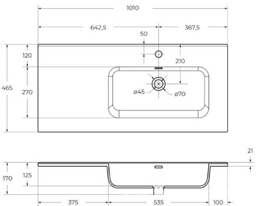 Раковина (ПРОДАЖА ТОЛЬКО С БАЗОЙ ПОД РАК.), чаша справа, 1010х460мм, с 1 отв.д/смесит., с переливом, (керамика, цв.белый), BelBagno ZZ BelBagno Универсал BB1000ETL-R