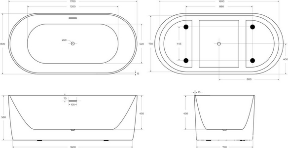 Ванна 1700x800xh580мм, отдельностоящая, слив-перелив, пробка слива цв.хром в компл., (акрил цв.белый матовый), BelBagno ZZ BelBagno Универсал BB411-1700-800-MATT