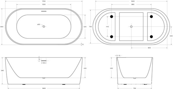 Ванна 1700x800xh580мм, отдельностоящая, слив-перелив, пробка слива цв.хром в компл., (акрил цв.белый), BelBagno ZZ BelBagno Универсал BB411-1700-800