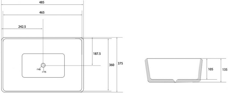Раковина накладная на столешницу, прямоугольная, 485х375хh135мм, без отв.д/смесит., без перелива, (цв. белый),  ZZ Abber Rechteck AC2212