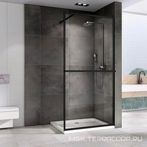 Душевая перегородка 900хh2000мм, правая/левая, (стекло прозр.6мм, поперечн. укорачиваемый кронштейн 660-1200мм, фурнит. цв.черный мат),  ZZ Abber Immer Offen AG60090B