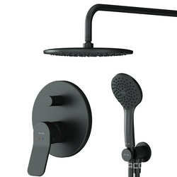 Душевой комплект для душа : встраиваемый смеситель + внутренняя часть, верхний/ручной душ, держатель, цв.черный ZZ