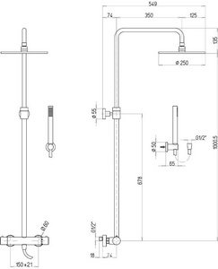 Смеситель-термостат для ванны, со стационарным верхн.душем d25см., душевая лейка, шланг в компл., (цв.матовое золото PVD),  ZZ Paini Cox 78PJ689TH