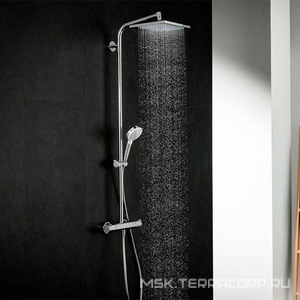 Смеситель-термостат д/д, со стацион. верхним душем квадрат.240х240мм, ручной душ, шланг 160см, кронштейн в компл.,(цв.хром),  E Showerpipe Hansgrohe Crometta 27271000
