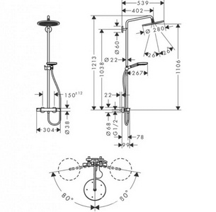 Смеситель для душа (термостат) со стац.верхним душем d280мм, ручной душ, шланг в компл.(цв.полированное золото), Croma Select S Showerpipe 280 1jet ZZ Hansgrohe Raindance Select 26890990
