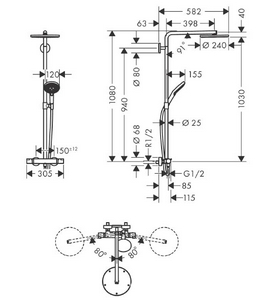 Смеситель для душа (термостат) со стац.верхним душем d240мм, ручной душ, шланг в компл.(цв.хром), Showerpipe S 240 1jet PowderRain ZZ Hansgrohe Raindance Select 27633000