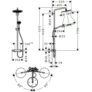 Смеситель для душа (термостат) со стац.верхним душем d280мм, ручной душ, шланг в компл.(цв.черный матовый), Croma Select S Showerpipe 280 1jet ZZ Hansgrohe Raindance Select 26890670