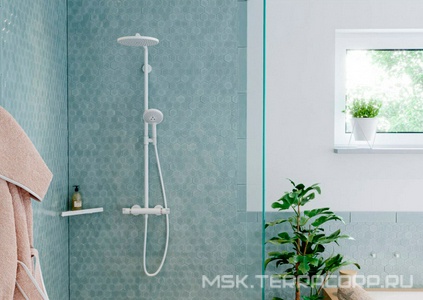 Смеситель для душа (термостат) со стац.верхним душем d280мм, ручной душ, шланг в компл.(цв.матовый белый), Croma Select S Showerpipe 280 1jet ZZ Hansgrohe Raindance Select 26890700