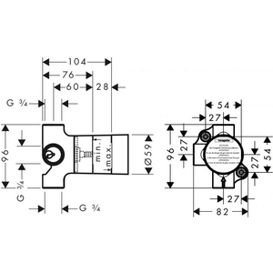 Скрытая часть запорного/переключающего вентиля, 1 вход, 2 выхода, одновременно могут работать 2 выхода, 3/4, расход 65 л/м, Hansgrohe ZZ Hansgrohe Универсал 15981180