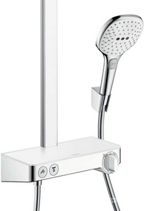 Смеситель д/д (термостат) со стационарн. верхним душем 360х190мм, ручной душ, шланг, кронштейн в компл.,(цв.белый/хром), ZZ Hansgrohe Showerpipe 27288400