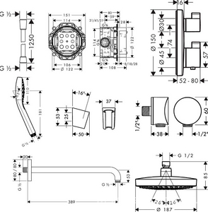 Душ набор встр.в стену, готовый компл(верхн душ кругл.187мм,кроншт.верхн.душа,ручн душ,шланг,кронштейн,шланговое подсоед) HG Set 8 в 1 ZZ Hansgrohe Croma Select E 27295000