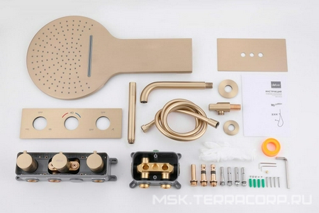 Душ.система встр.в стену: термостат, стац.верхний душ 30см, излив, шланг, лейка, кронштейн совмещ.с вых воды в компл.,(цв.золото мат.),  ZZ Abber Weiss Insel AF8150G