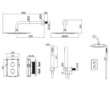 Смеситель-термостат д/душа,встр.в стену, со стац.верхн.душем d30см, кронштейн,лейка,держатель,шланг,встр.часть в компл,(цв.браш.никель), ZZ Allen Brau Priority 5.31013-BN