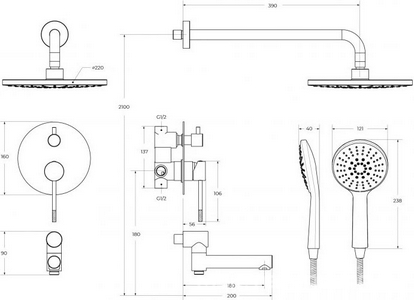 Смеситель для ванны/душа, встр.в стену со стац.стенов.,верхнем душем d22см., душ.лейка, шланг в компл., (цв.хром), Relax ZZ Cezares relax RELAX-VDSET-01