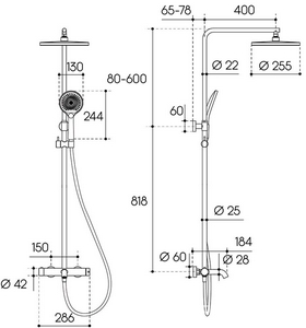 Смеситель для ванны/душа, со стационарным верхним душем пластик d250мм, ручн.душевая лейка, шланг в компл., (цв.оружейная сталь),  ZZ Aqueduto Chuva CHU0245