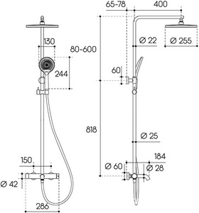 Смеситель для ванны/душа, со стационарным верхним душем пластик d250мм, ручн.душевая лейка, шланг в компл., (цв.шлифованное золото),  ZZ Aqueduto Chuva CHU0250