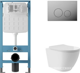 Компл.: унитаз подв.,безободк,Tornado 520х365мм,цв.белый гл, сиденье с микролиф,,инстал. д/унит., крепёж, клавиша смыва Circulo цв.хром,  ZZ Aqueduto Ovo Plus AQDS121T