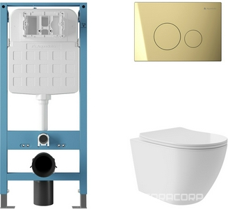 Компл.: унитаз подв.,безободк,Tornado 520х365мм,цв.белый гл, сиденье с микрол,,инстал. д/унит, крепёж,клав.смыва Circulo Novo цв.шл,золото, ZZ Aqueduto Ovo Plus AQDS237T