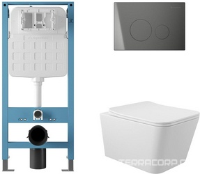 Компл.: унитаз подв.,безободк.,520х370мм,цв.белый глянц., сиденье с микрол,,инстал. д/унитаза,крепёж,клав.смыва Circulo Novo цв.оружейн.сталь, ZZ Aqueduto Macio AQDS225