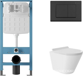 Компл.: унитаз подв.,безободк,Tornado 480х360мм,цв.белый гл, сиденье с микролиф,,инстал. д/унит., крепёж, клавиша смыва QUADRADO цв.черный мат, ZZ Aqueduto Cone AQDS117T