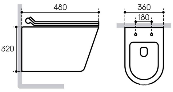 Компл.: унитаз подв.,безободк,Tornado 480х360мм,цв.белый гл, сиденье с микролиф,,инстал. д/унит., крепёж, клавиша смыва QUADRADO цв.черный мат, ZZ Aqueduto Cone AQDS117T