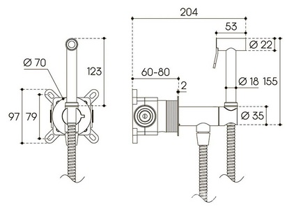 Смеситель совмещённый с гигиеническим душем, готовый комплект: лейка, шланг, скрытая часть, прогрессивный картридж, (цв.оружейная сталь),  ZZ Aqueduto PUREZA PUR0145